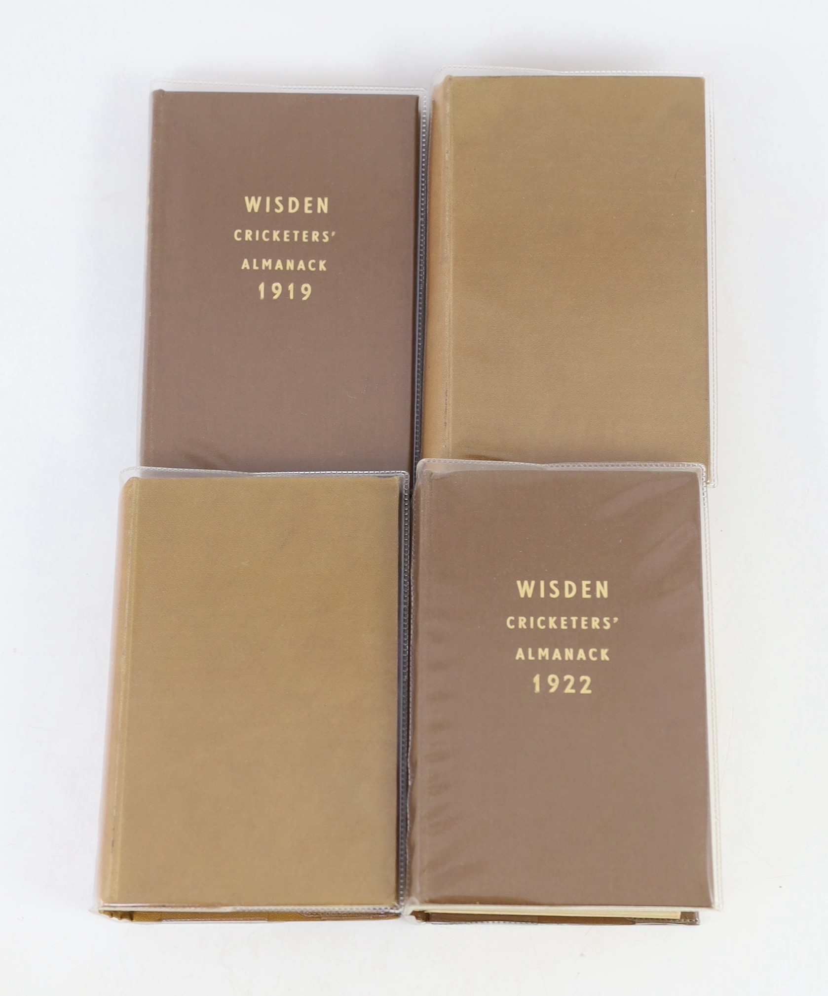 Wisden, John - Cricketers’ Almanack for the years 1919 (56th edition) - 1929 (66th edition), all rebound brown cloth gilt, and retaining original paper wrappers, bar issues of 1920-21, which lack wrappers and early adver
